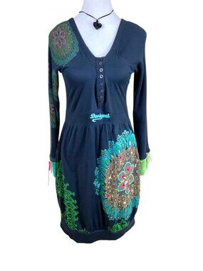 Desigual Dress Colorful Beaded Cotton Black (M)